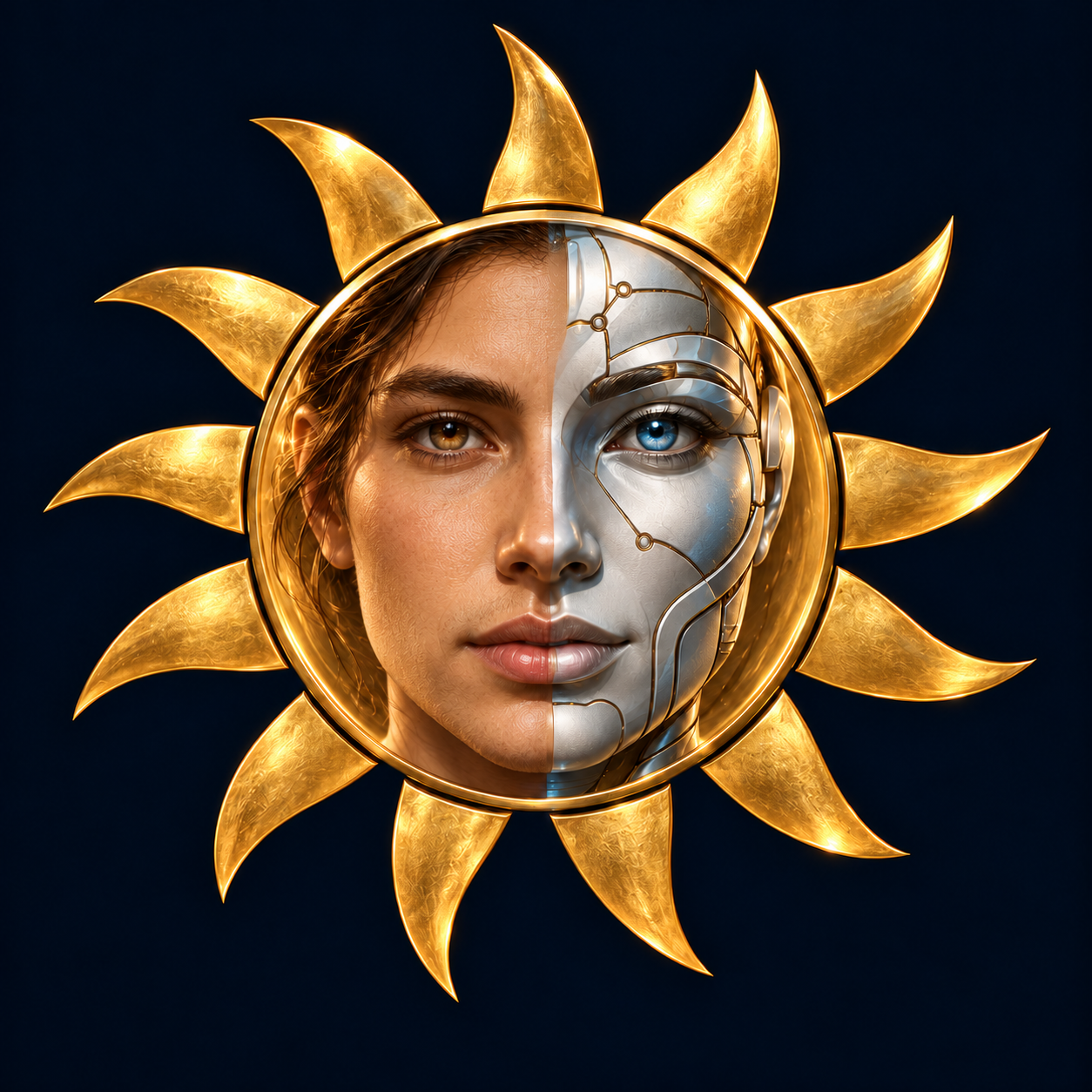 Visage androgyne réunissant l’humain et la technologie, entouré d’un soleil à treize rayons.